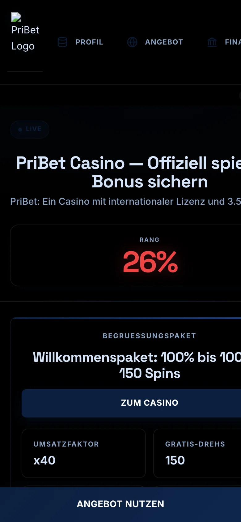 PriBet mobile lobby screenshot