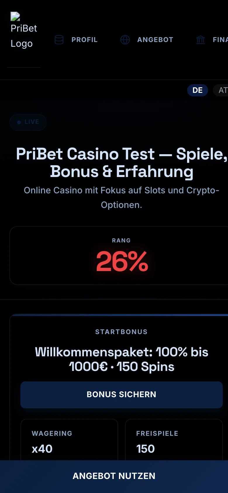 PriBet mobile lobby screenshot